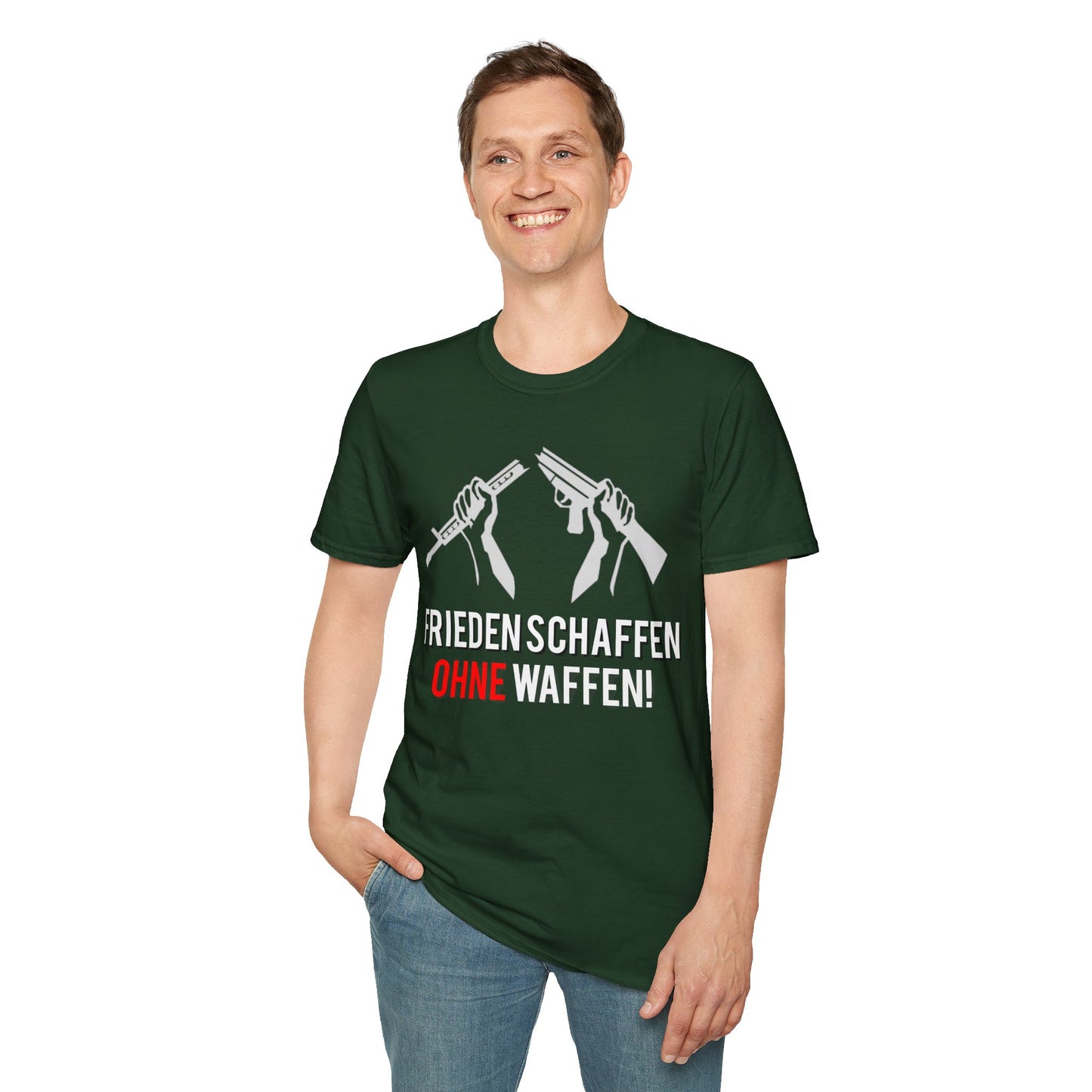 Unisex-T-Shirt „Frieden schaffen ohne Waffen“ – Für alle, die ein Zeichen für Frieden setzen möchten.